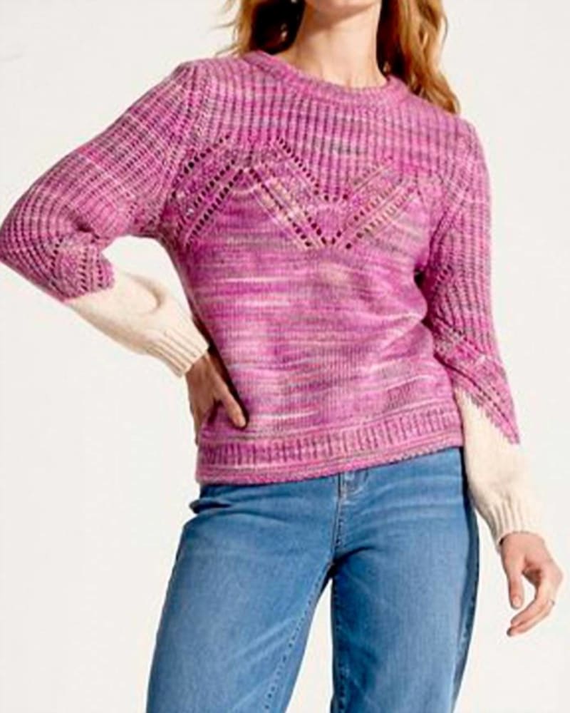 Front of a model wearing a size XL Winter Warmth Sweater in Pink Multi in Pink Multi by Nic + Zoe. | dia_product_style_image_id:351846